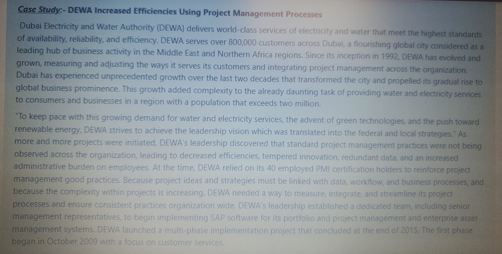  Case Study:- DEWA Increased Efficiencies Using Project Management Processes Dubai Electricity