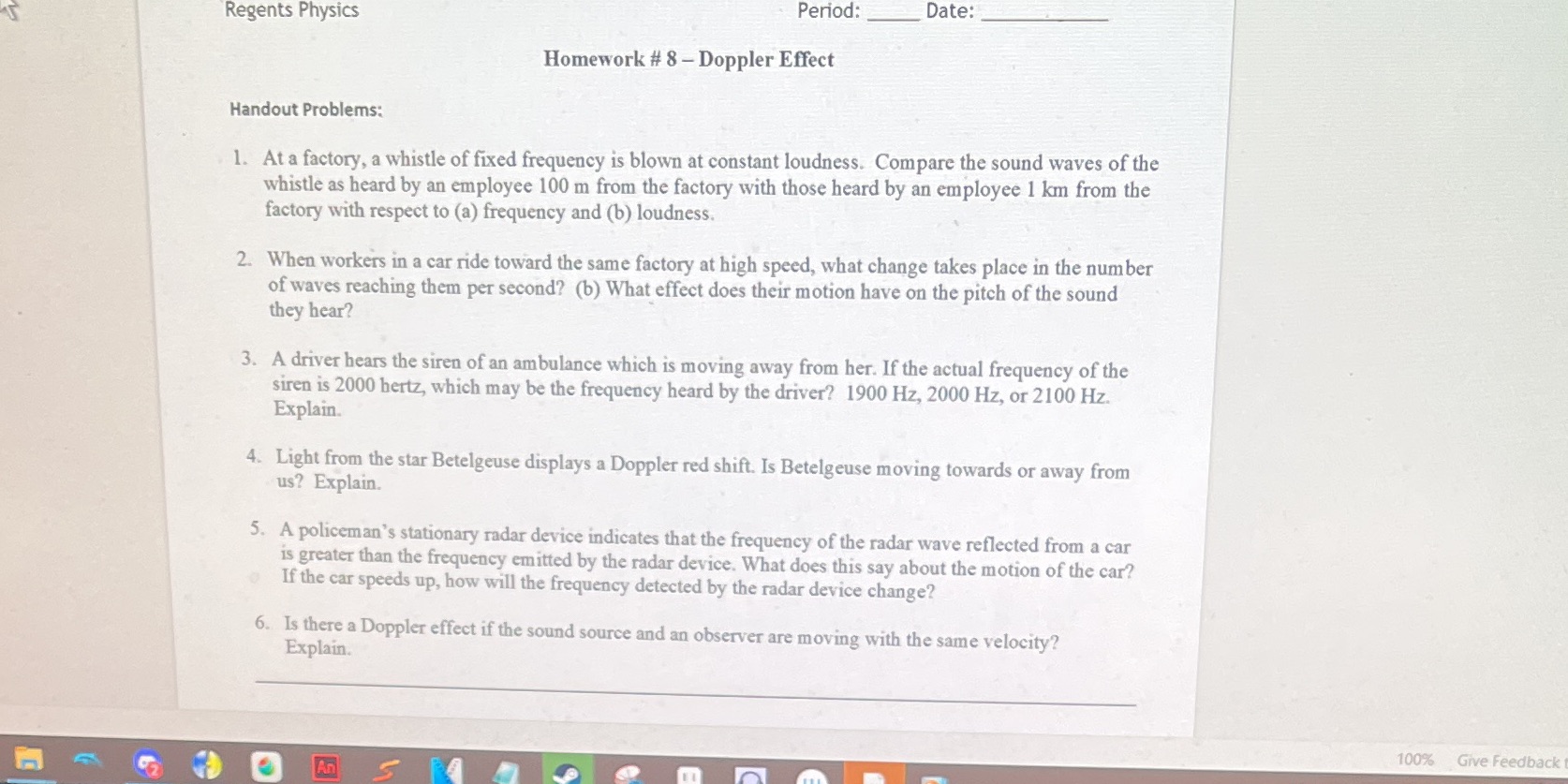  Regents Physics Period: Date: Homework # 8 - Doppler Effect Handout