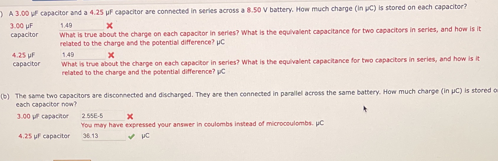 Need help A 3.00 UF capacitor and a 4.25 UF capacitor are