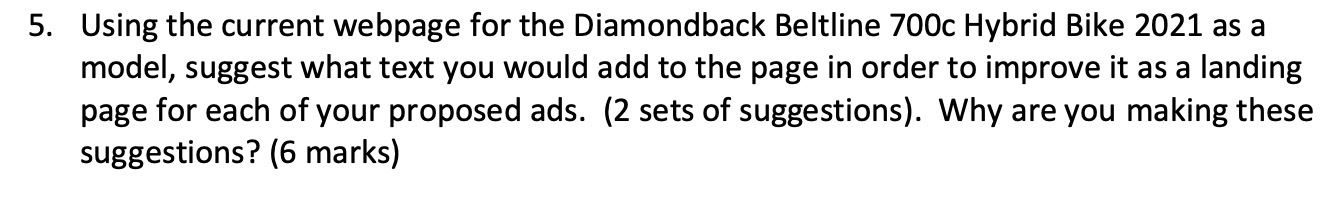 5. Using the current webpage for the Diamondback Beltline 700C Hybrid