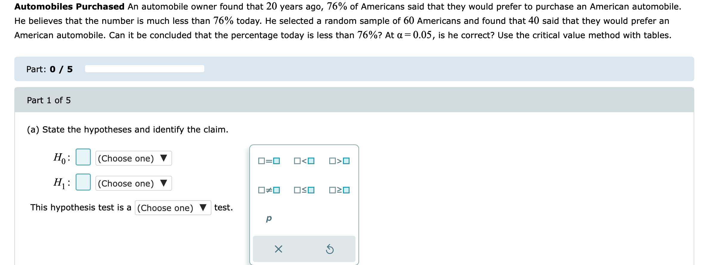 5 (d) Make the decision. (Choose one) V the null hypothesis. X\fAutomobiles