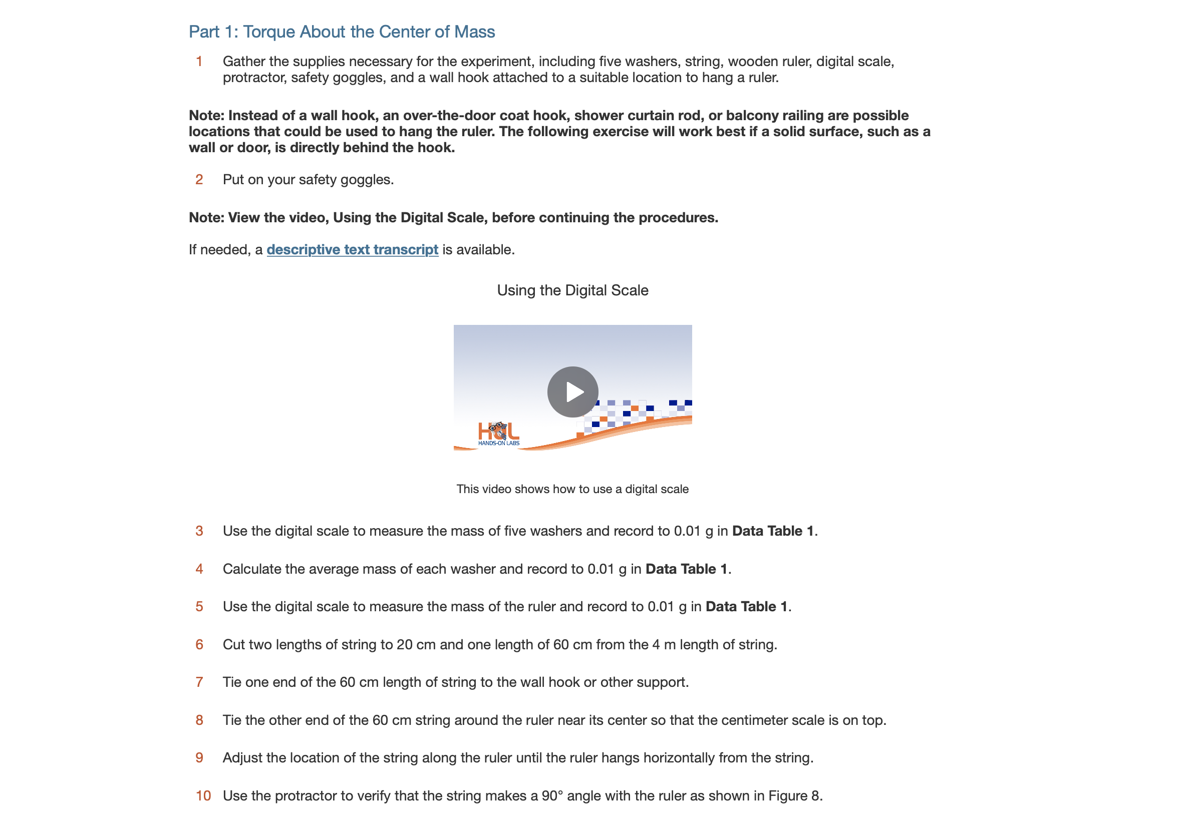 Data Table 2: Initial Data |Center of mass Ruler Position Radial Toro