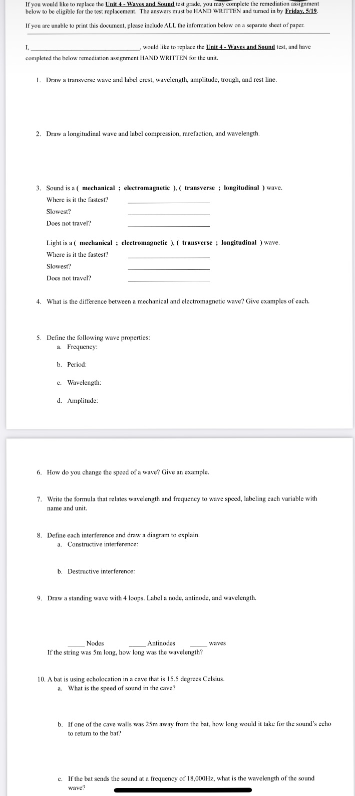  If you would like to replace the Unit 4 - Waves