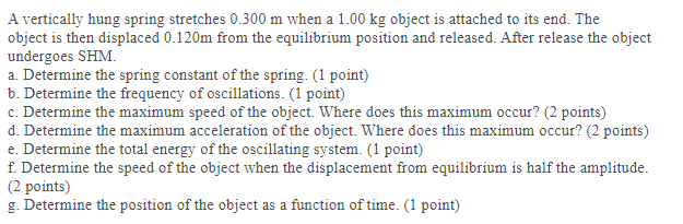  A vertically hung spring stretches 0.300 m when a 1.00 kg