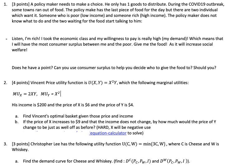 Christopher Lee has the following utility function where C is Cheese and