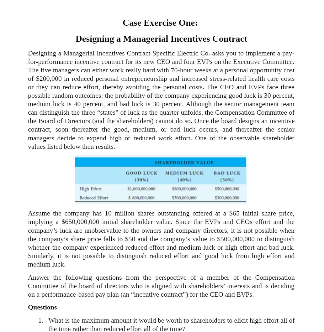 Case Exercise One: Designing a Managerial Incentives Contract Designing a Managerial