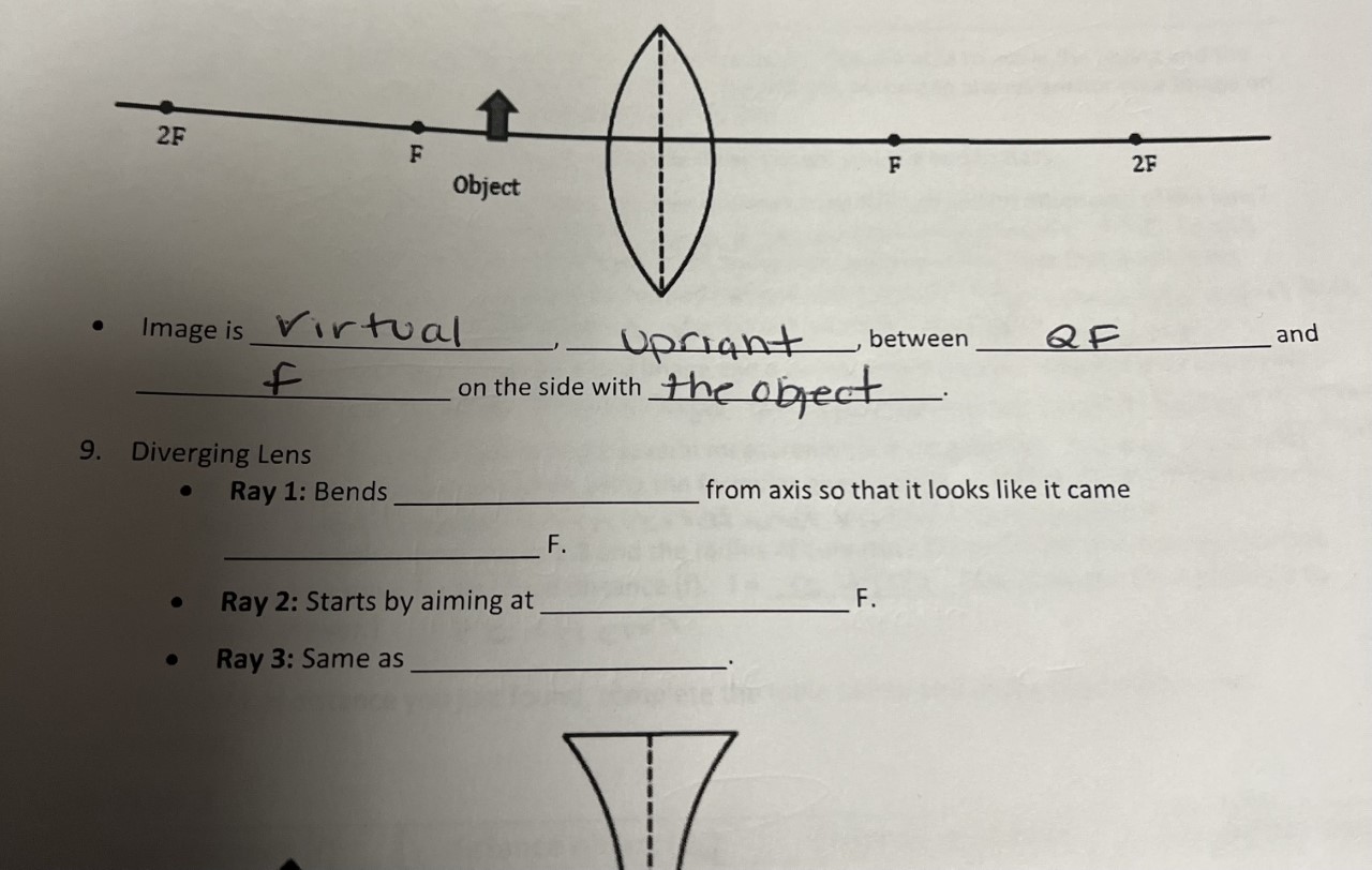 Diverging LensRay 1:Bends _____________________ from axis so that it looks like it