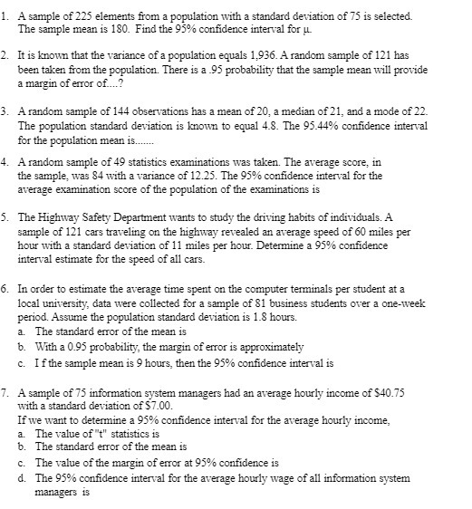 1. A sample of 225 elements from a population with a