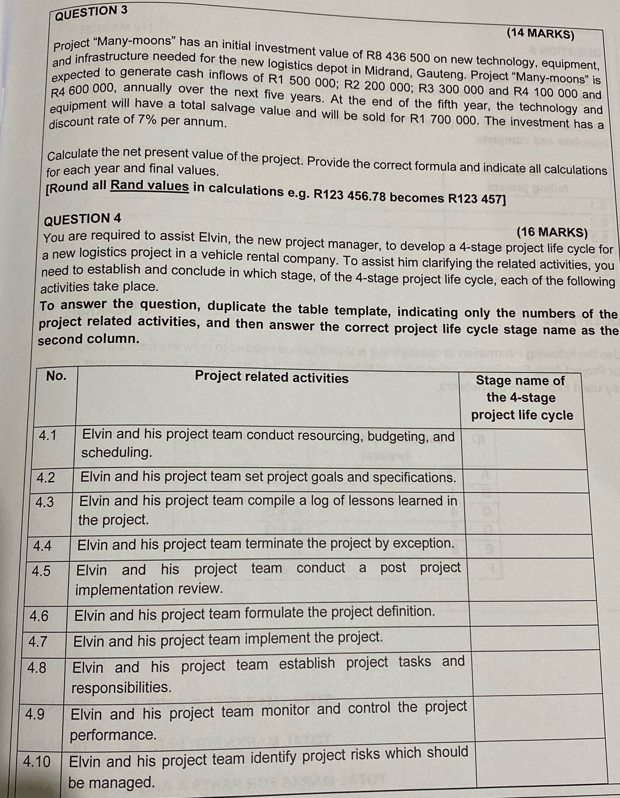 QUESTION 3 (14 MARKS) Project "Many-moons"has an initial investment value of