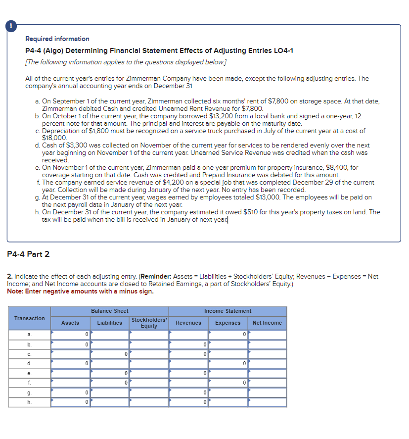  Required information P4-4(Algo) DetermInIng Financlal Statement Effects of AdJusting Entrles L04-1
