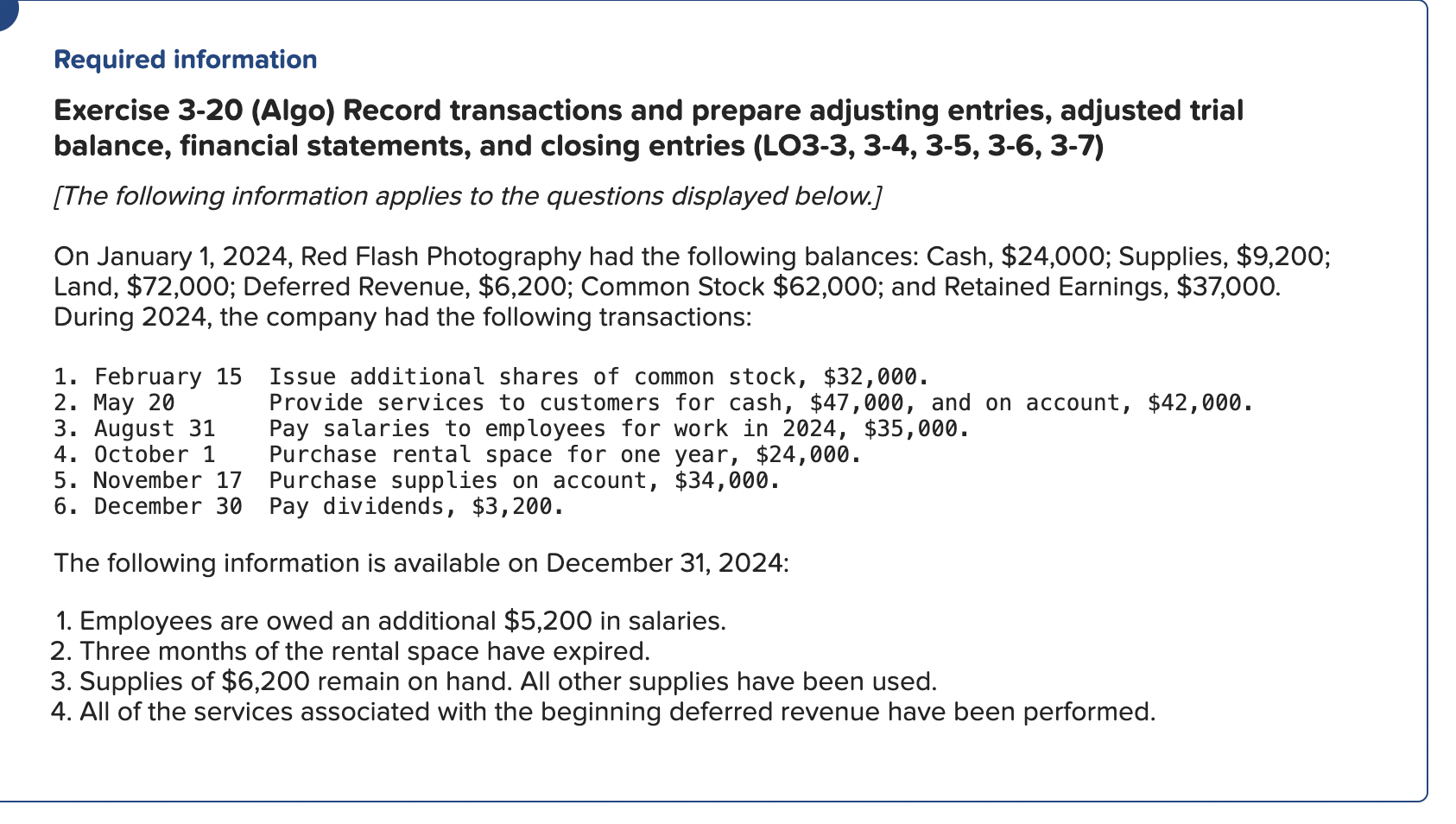 Required information Exercise 3-20(Algo) Record transactions and prepare adjusting entries, adjusted