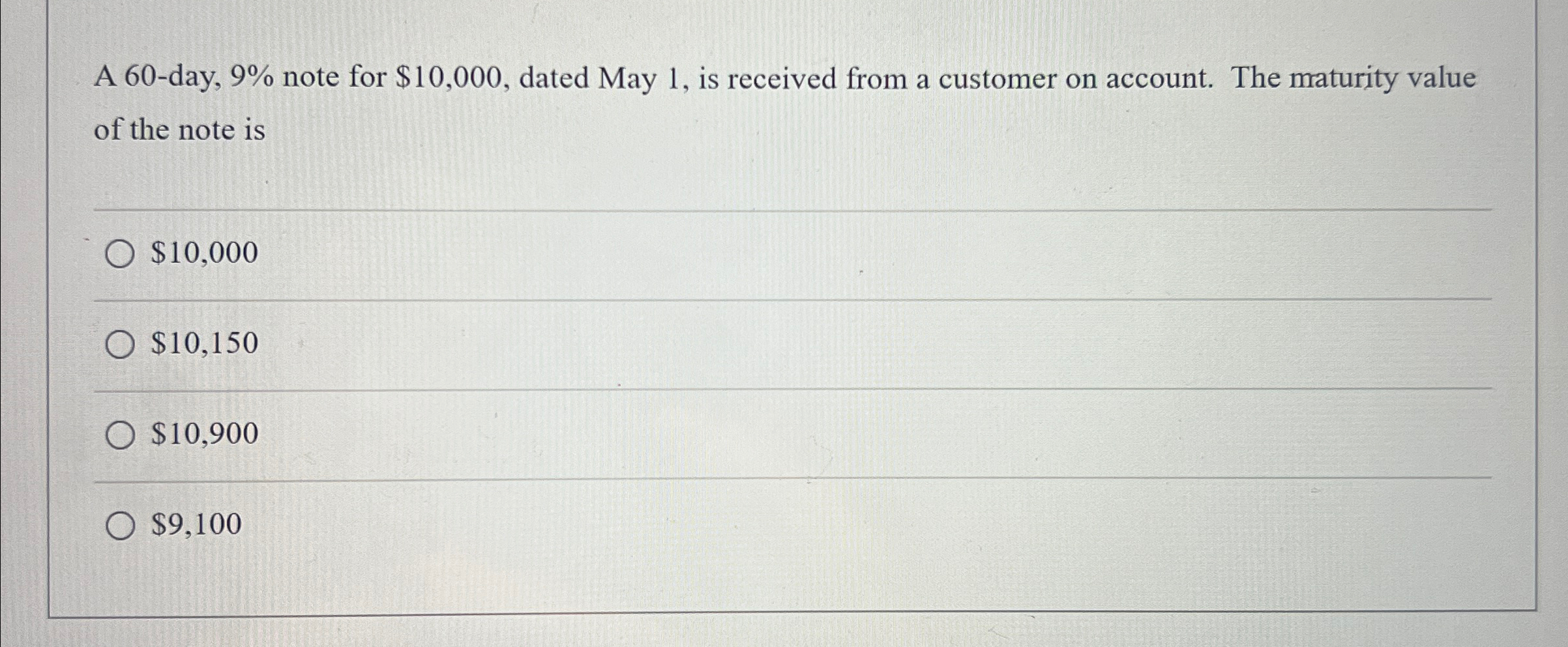  A 60-day, 9% note for $10,000, dated May 1, is received