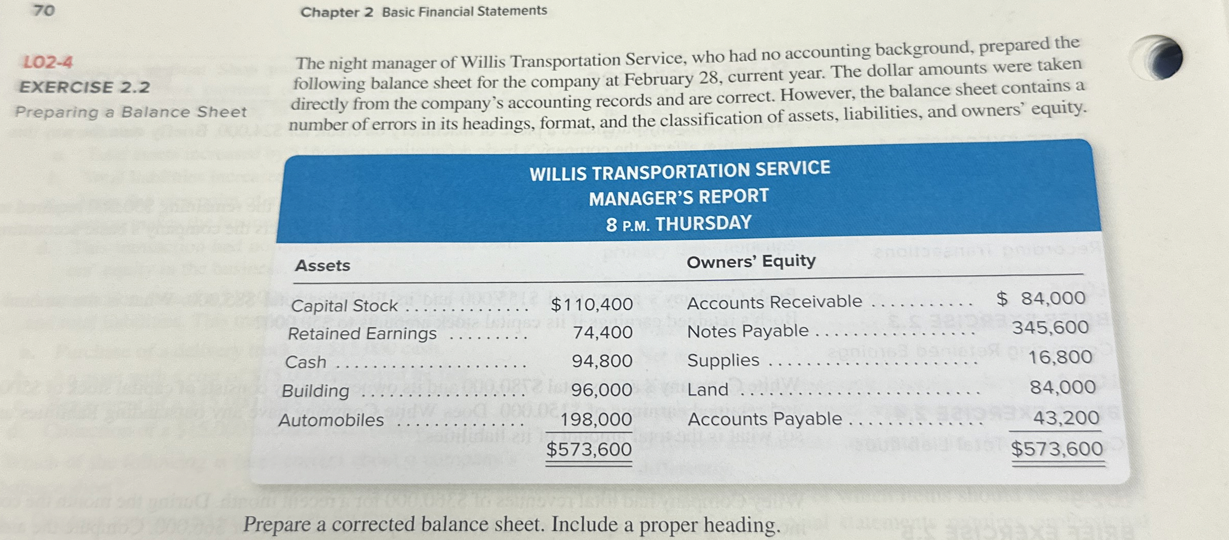  70 Chapter 2 Basic Financial Statements LO2-4 EXERCISE 2.2 Preparing a