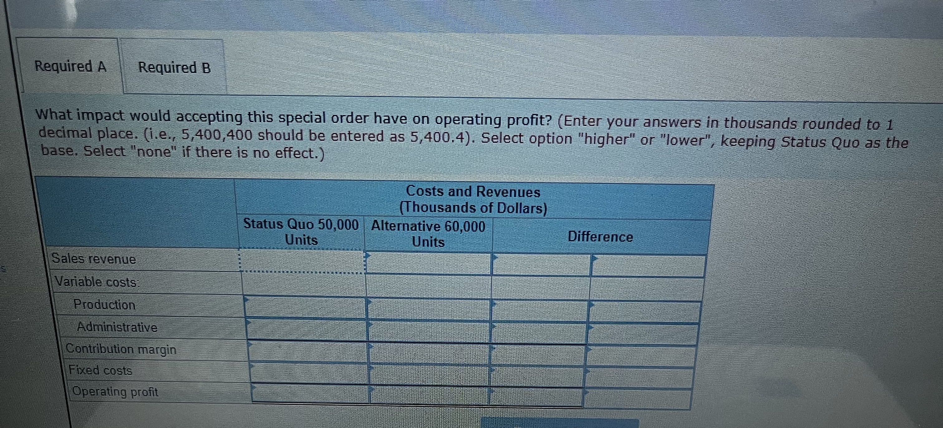  Required A Required B What impact would accepting this special order