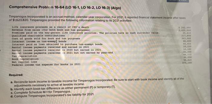 please help Comprehensive Problem 16-64 (LO 16-1, LO 16-2, LO 16-3) (Algo)