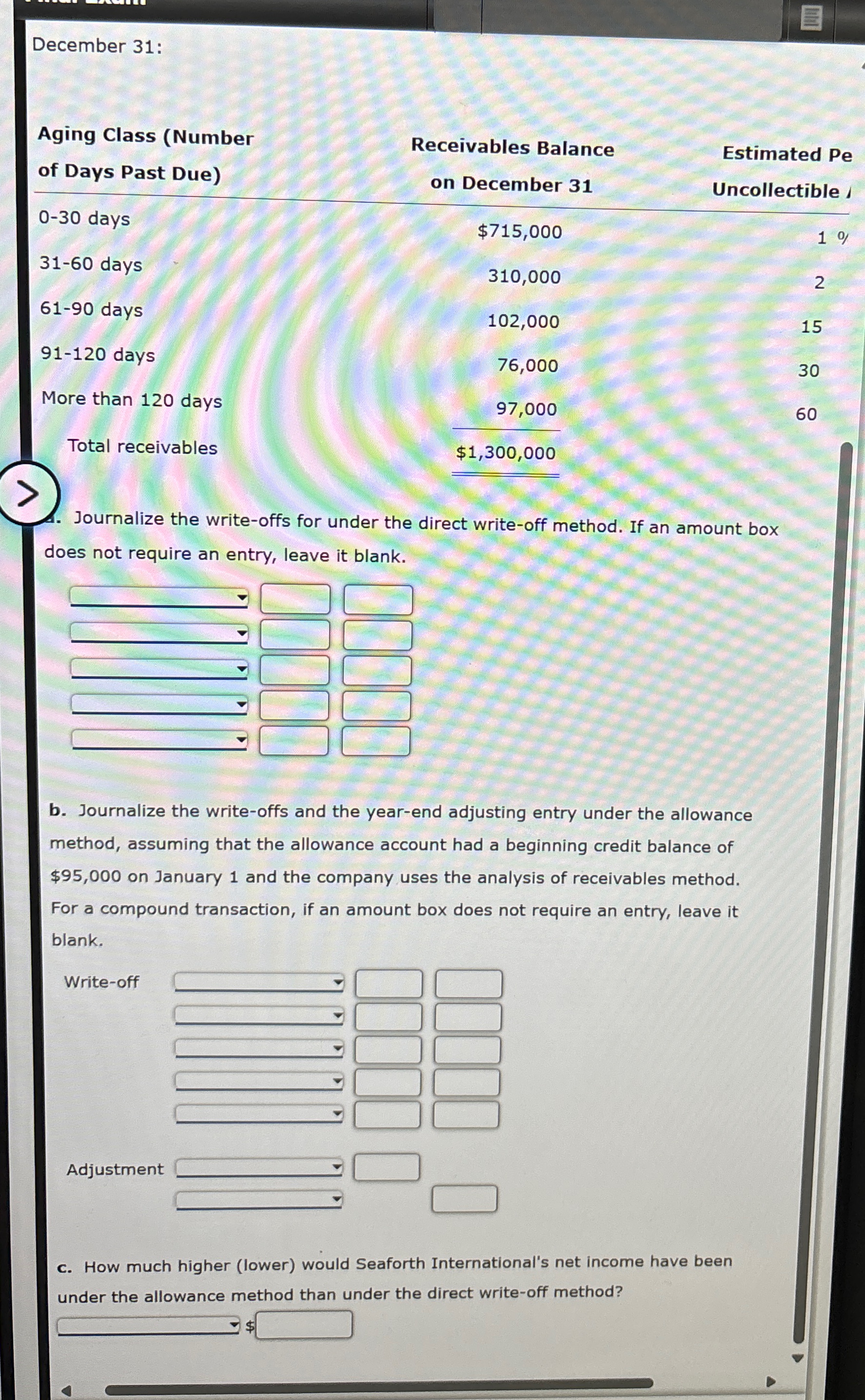  December 31: \table[[\table[[Aging Class (Number],[of Days Past Due)]],\table[[Receivables Balan],[on December 31]]],[0-30