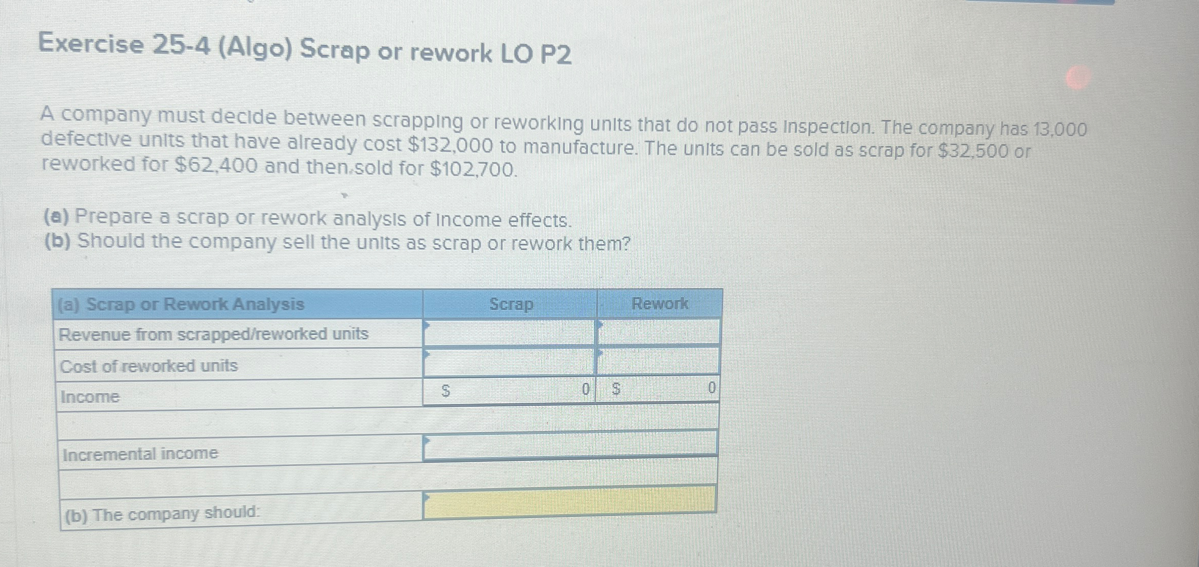  Exercise 25-4(Algo) Scrap or rework LO P2 A company must decide