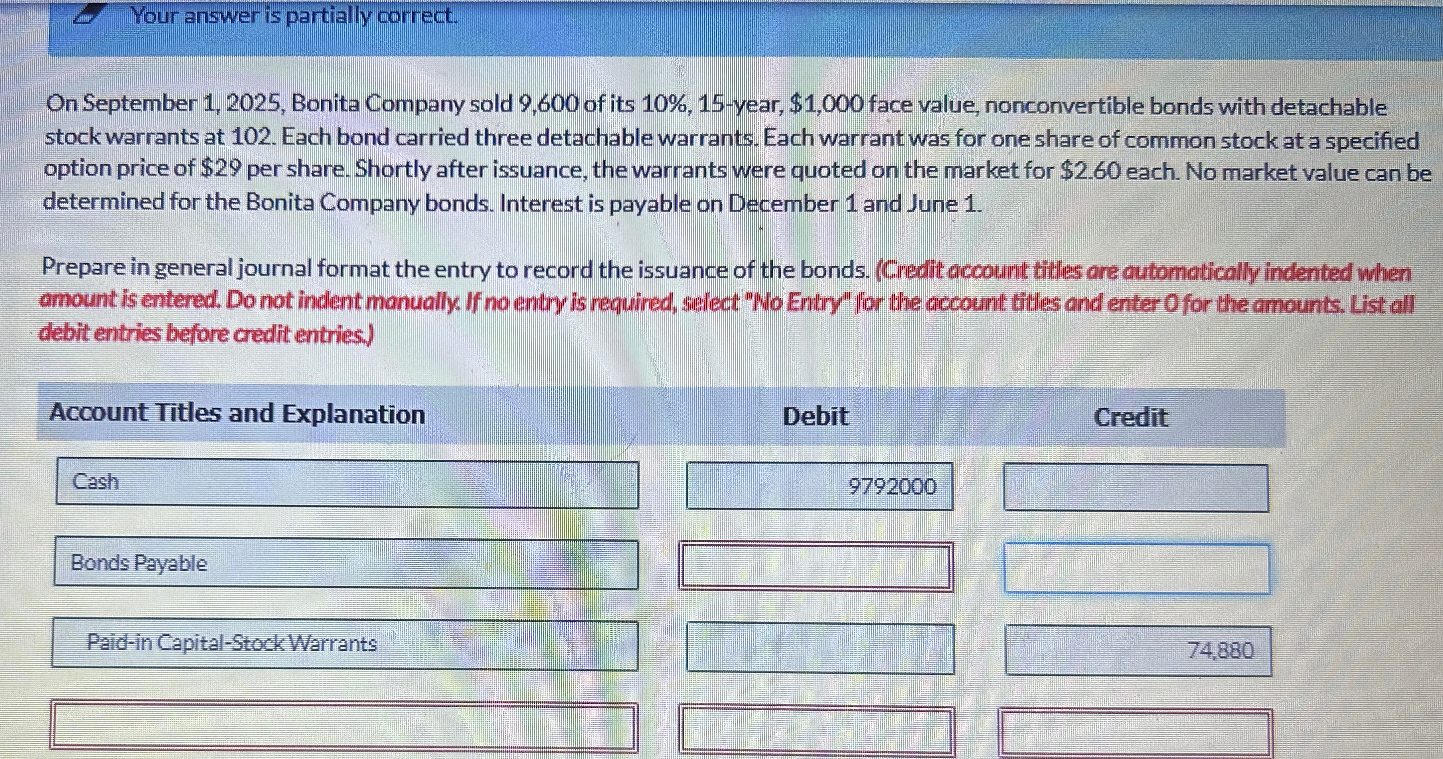  Your answer is partially correct. On September 1,2025, Bonita Company sold