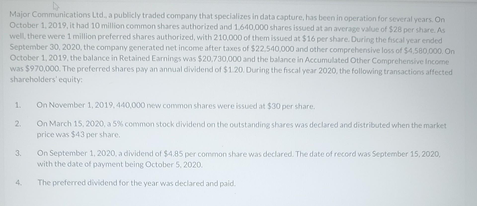  please do this problem asap Major Communications Ltd., a publicly traded