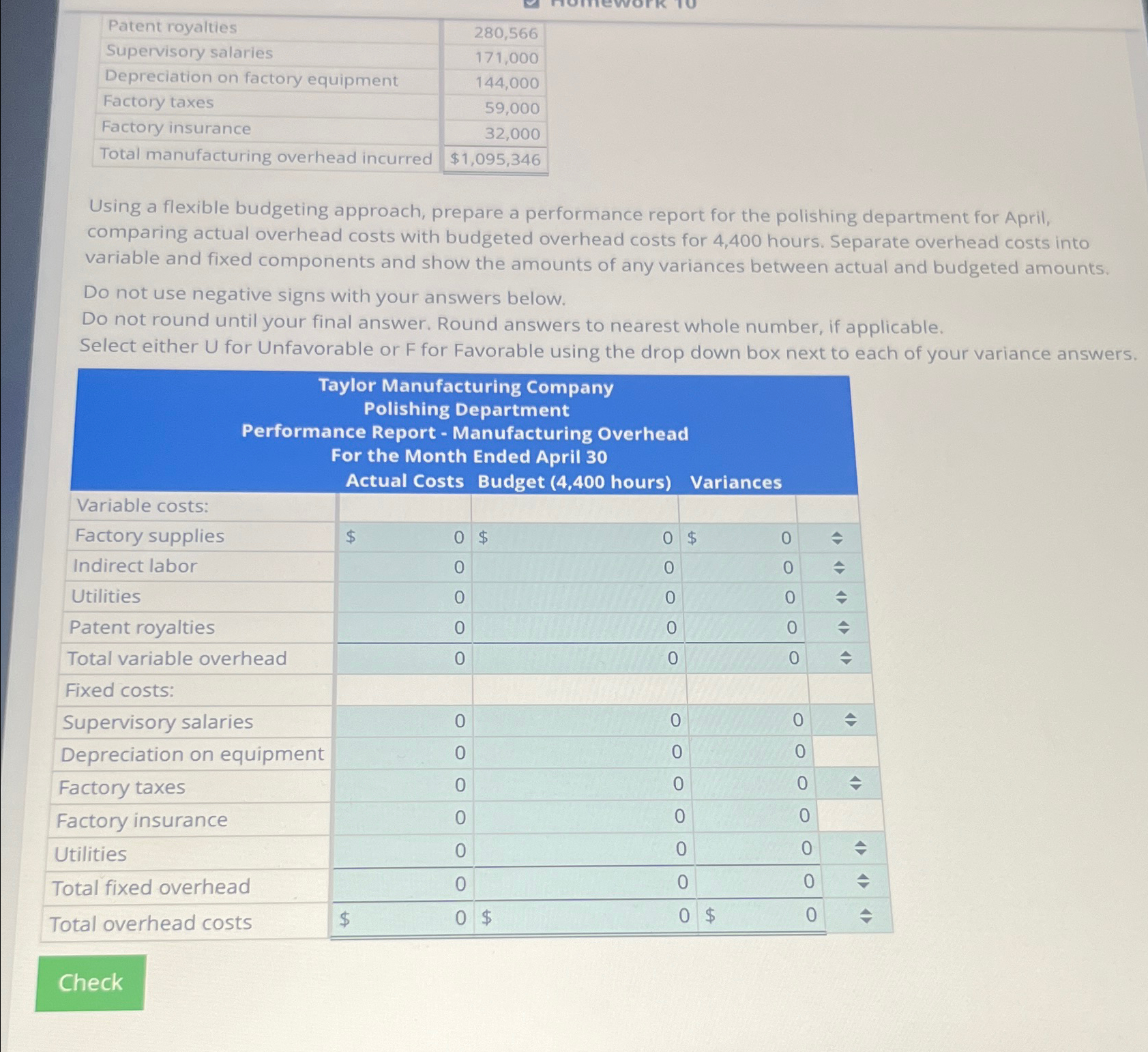  \table[[Patent royalties,280,566],[Supervisory salaries,171,000],[Depreciation on factory equipment,144,000],[Factory taxes,59,000],[Factory insurance,32,000],[Total manufacturing overhead incurred,$1,095,346