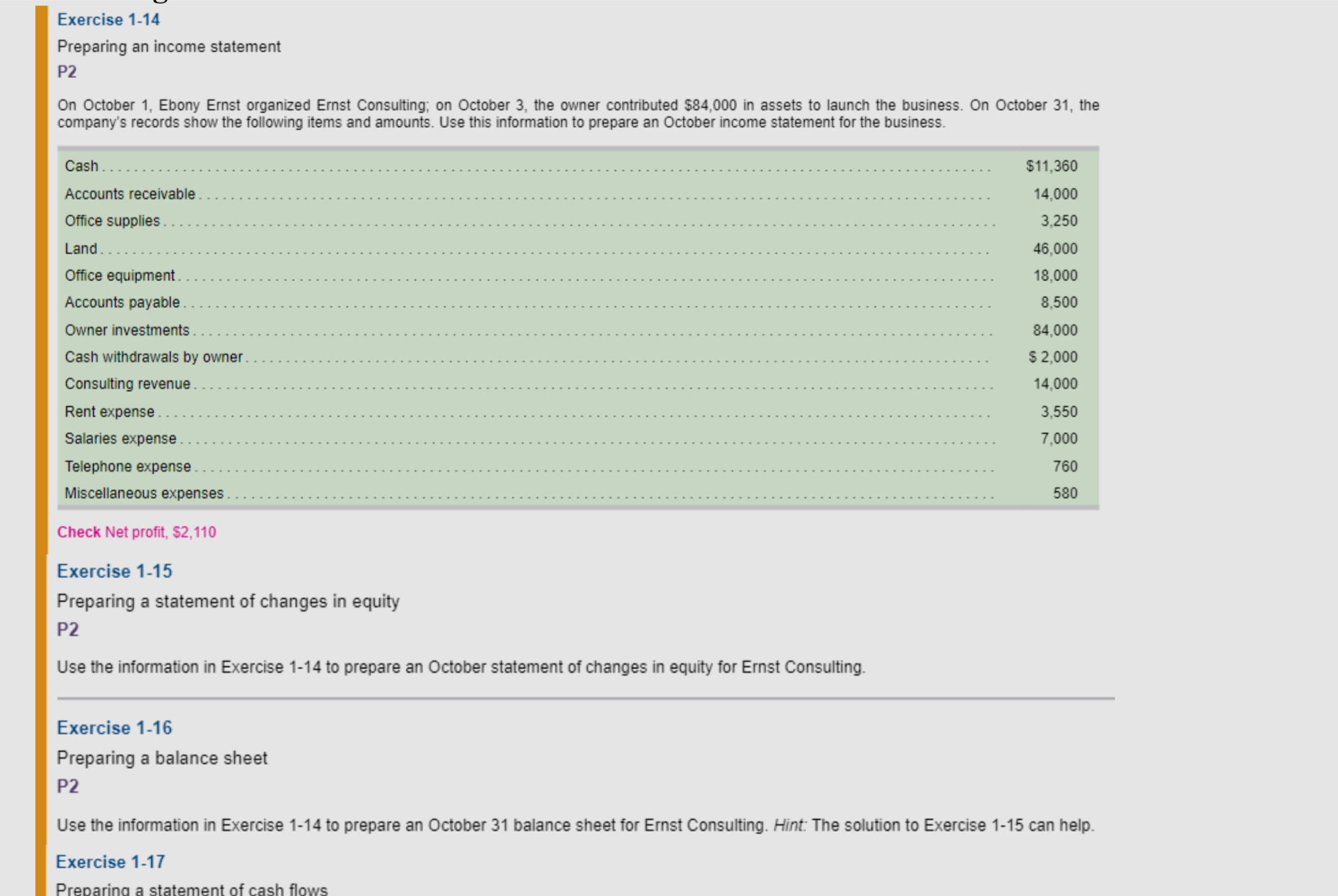  Exercise 1-14 Preparing an income statement P2 On October 1, Ebony