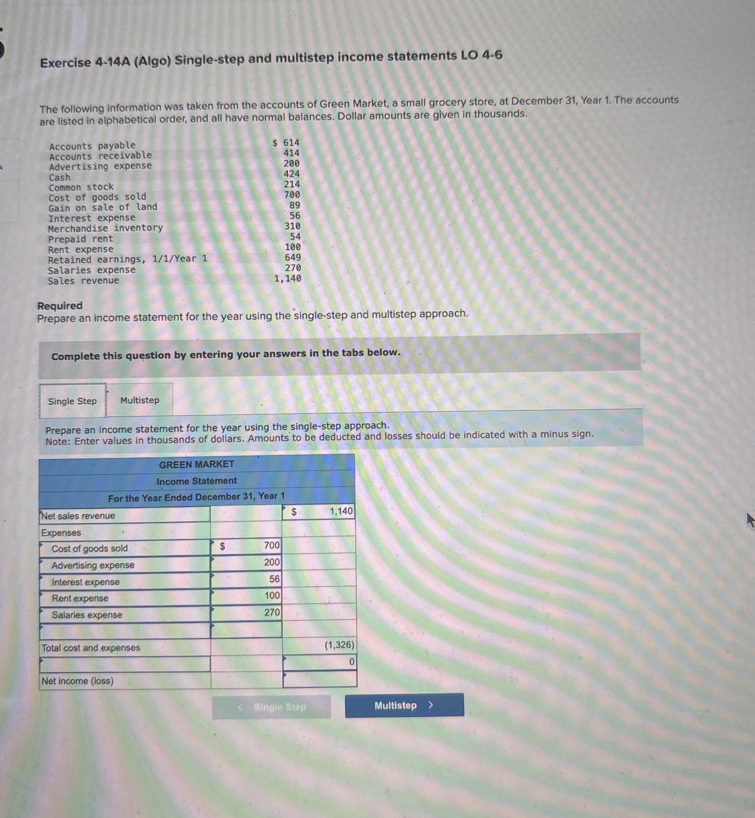  Exercise 4-14A (Algo) Single-step and multistep income statements LO 4-6 The