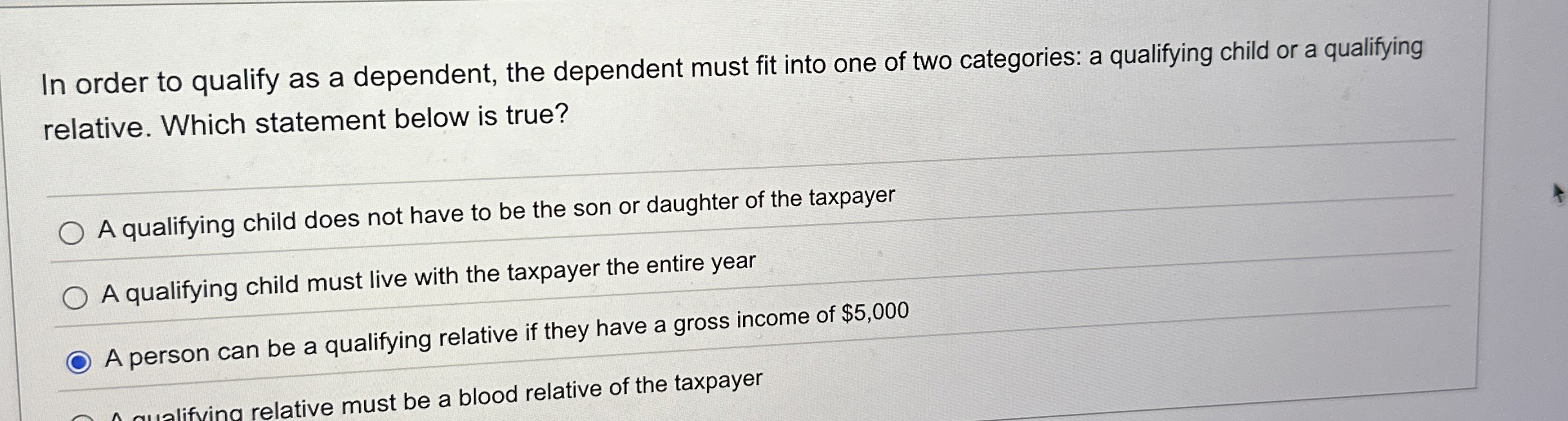  In order to qualify as a dependent, the dependent must fit