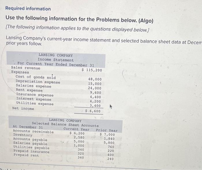  Required information Use the following information for the Problems below. (Algo)
