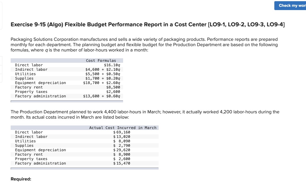  Exercise 9-15(Algo) Flexible Budget Performance Report in a Cost Center [L09-1,