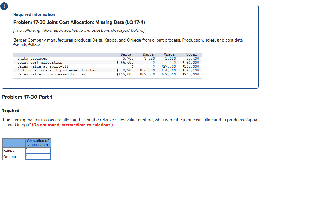  Required information Problem 17-30 Joint Cost Allocation; Missing Data (LO 17-4)