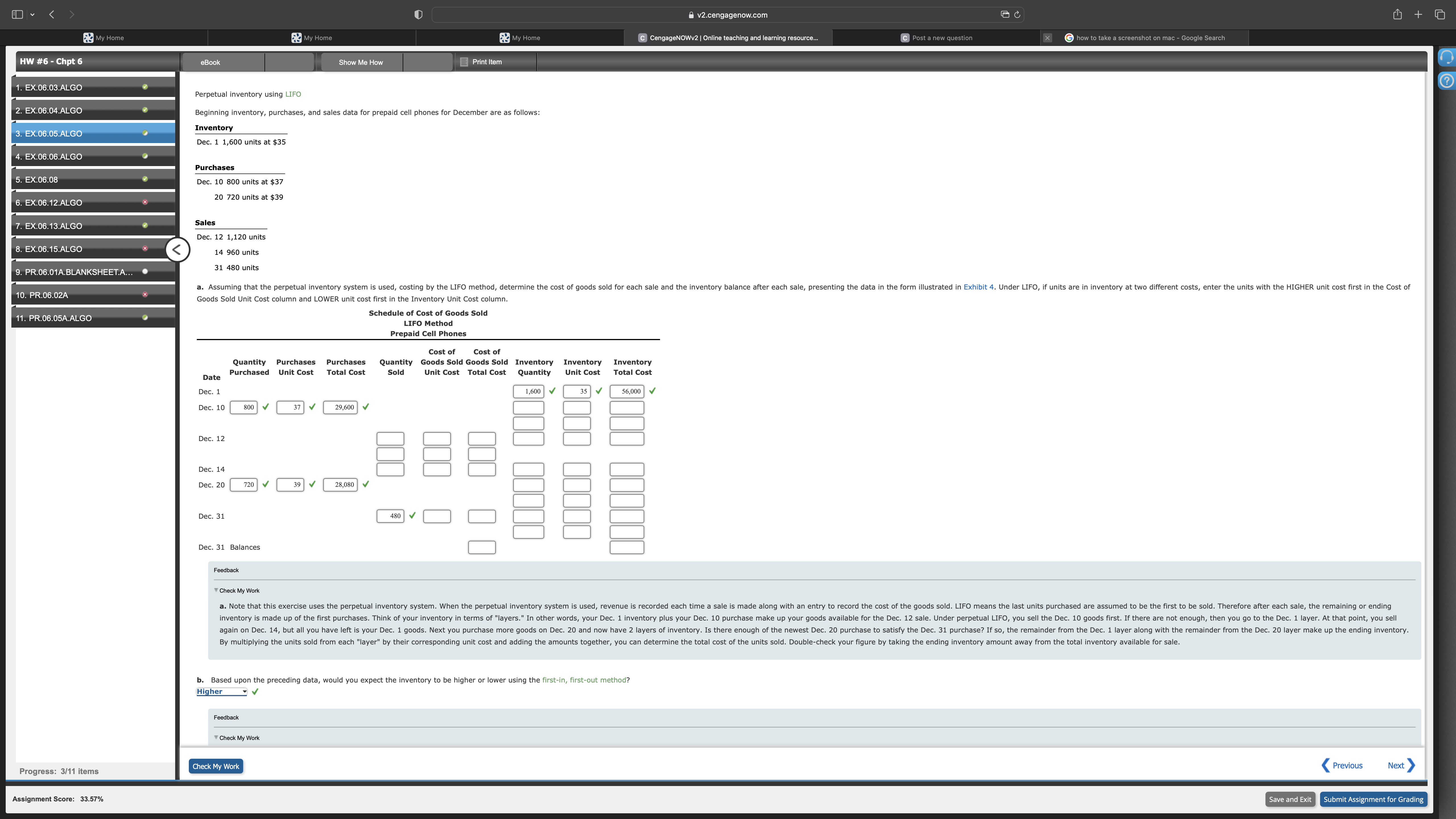 Perpetual inventory using LIFO Beginning inventory, purchases, and sales data for prepaid