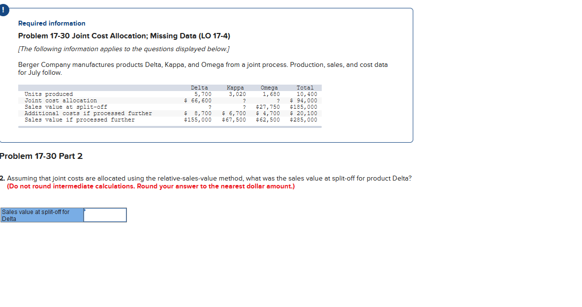  Required information Problem 17-30 Joint Cost Allocation; Missing Data (LO 17-4)