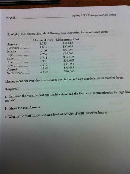  Wigley Inc. has provided the following data concerning its maintenance costs: