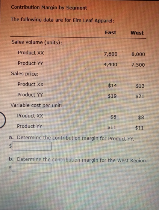  Contribution Margin by Segment The following data are for Elm Leaf