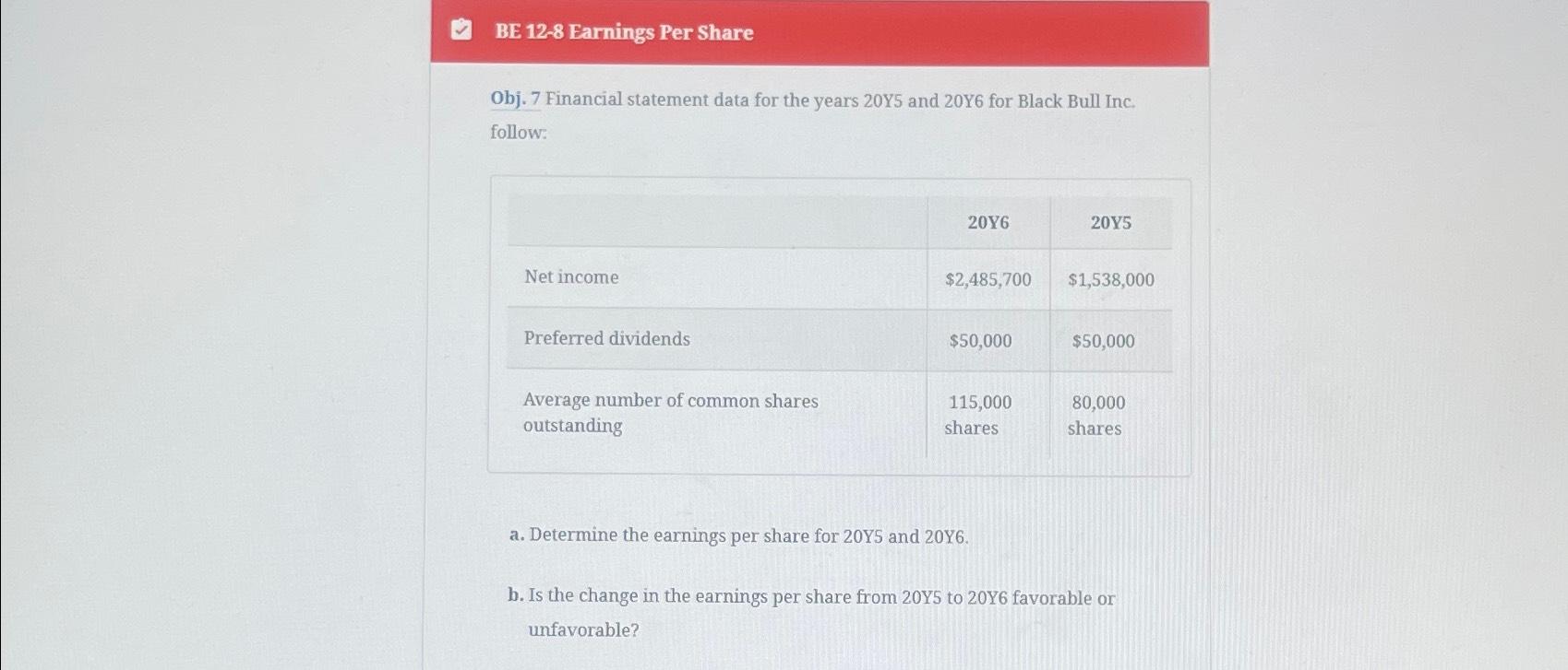  BE 12-8 Earnings Per Share Obj. 7 Financial statement data for