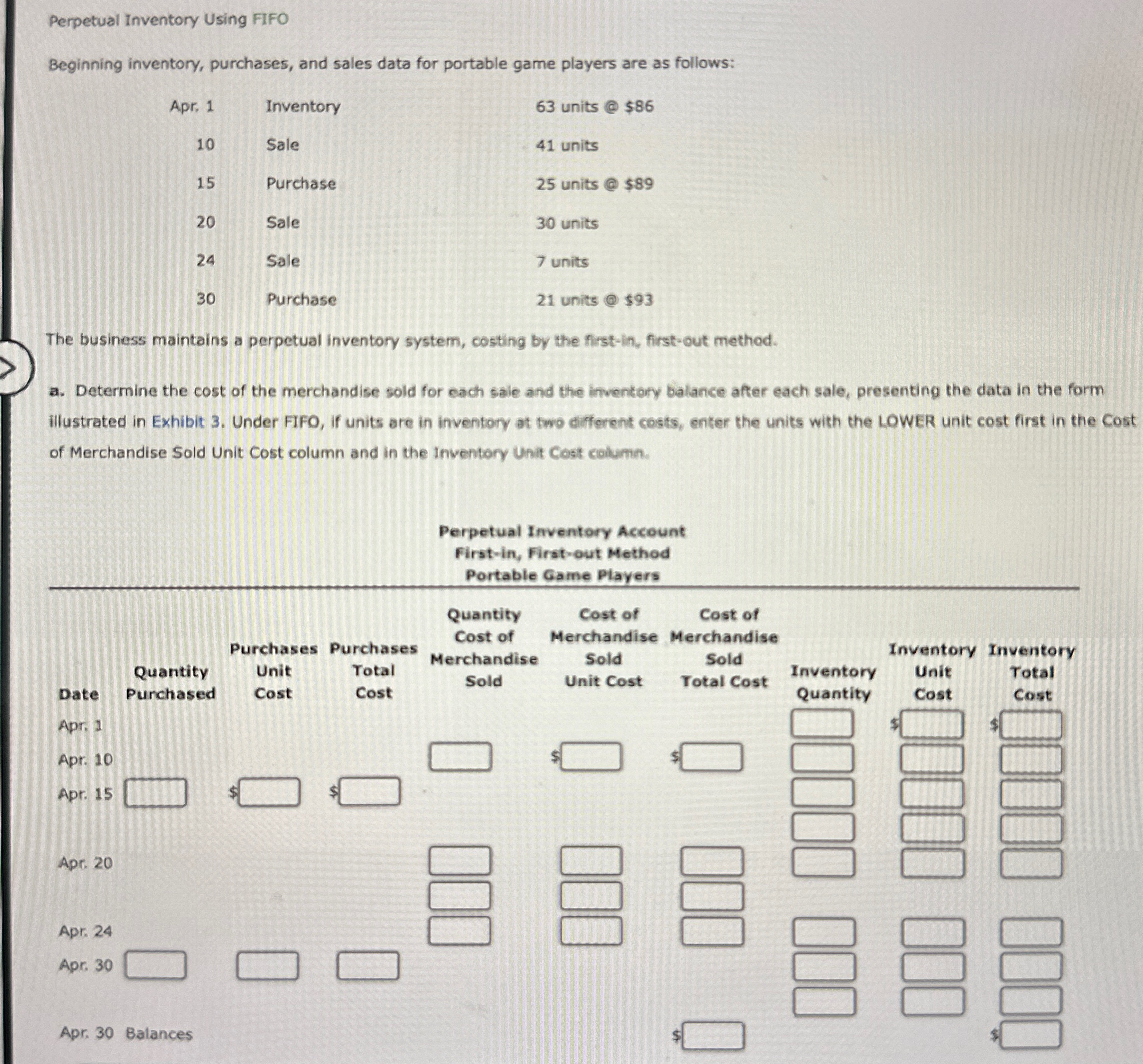  Perpetual Inventory Using FIFO Beginning inventory, purchases, and sales data for