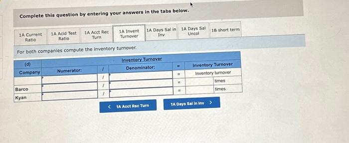 receivable turnover, ( d ) inventory turnover, (e) days' sales in inventory,