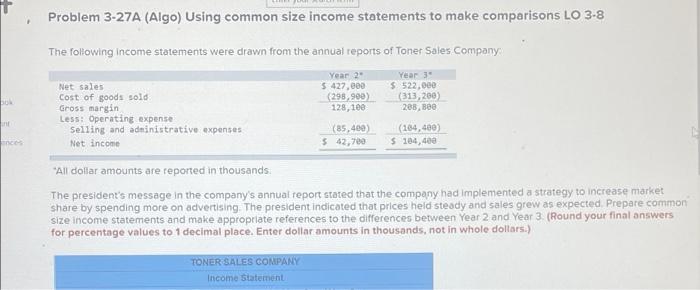 please help Problem 3-27A (Algo) Using common size income statements to make