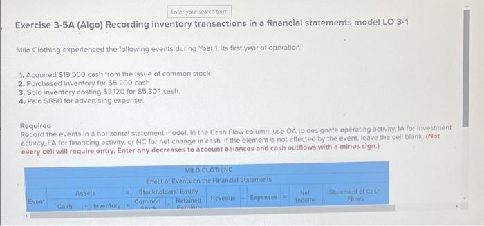 please help Enter your search term Exercise 3-5A (Algo) Recording inventory transactions