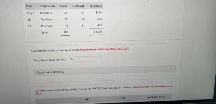  Calculate the weighted average unit cost, (Round answer to 3 decimal