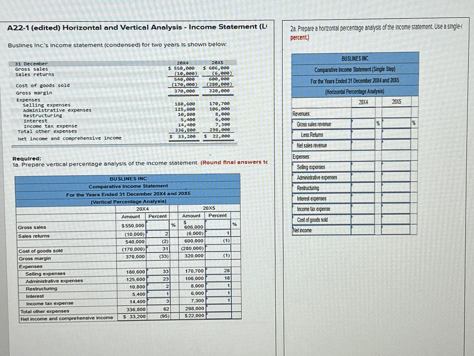  A22-1(edited) Horizontal and Vertical Analysis - Income Statement (L' Buslines Inc's