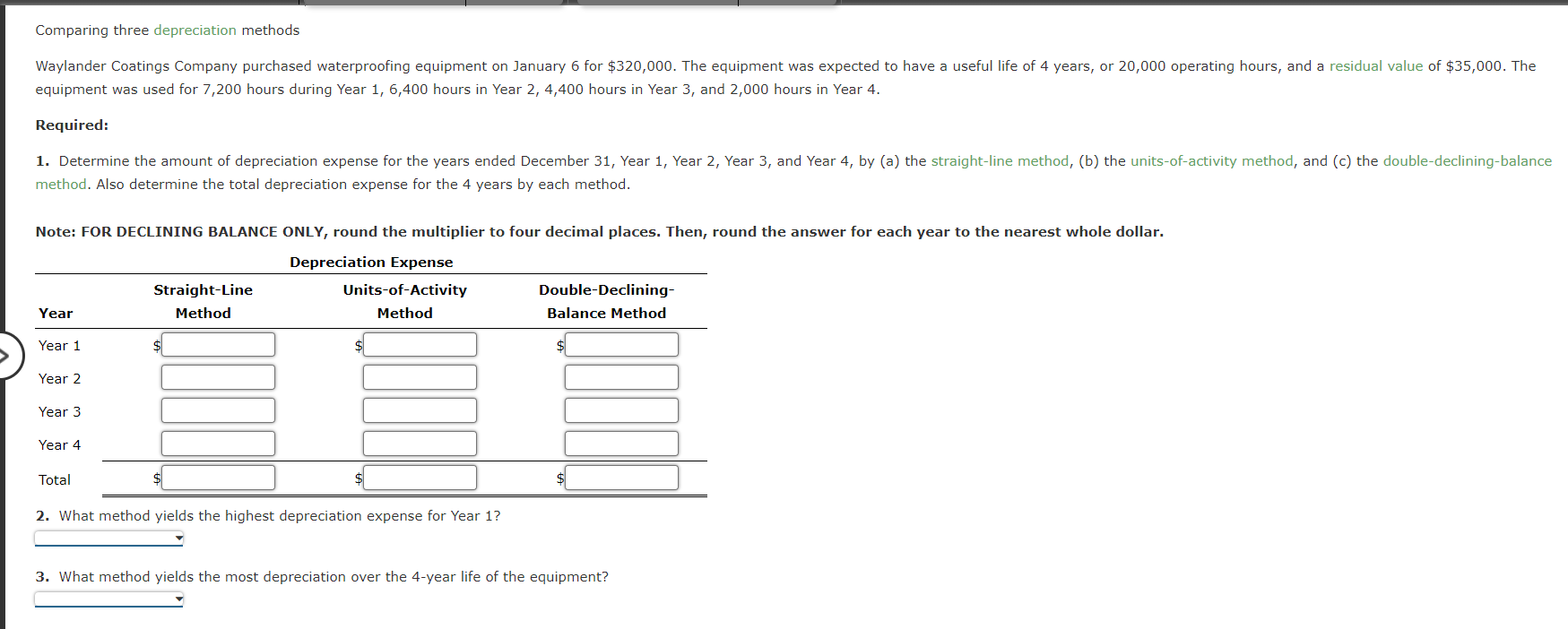  Comparing three depreciation methods equipment was used for 7,200 hours during