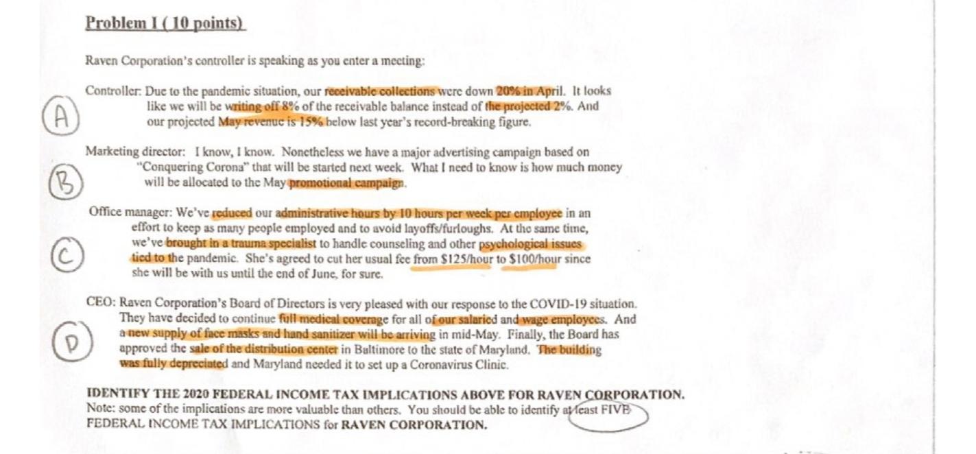  Problem I (10 points) Raven Corporation's controller is speaking as you