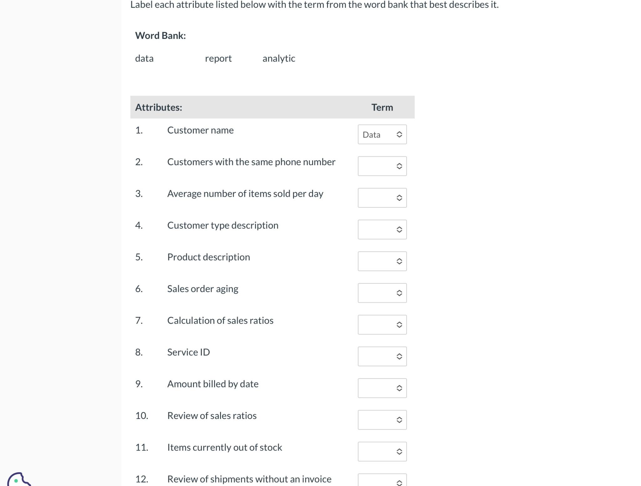  Label each attribute listed below with the term from the word