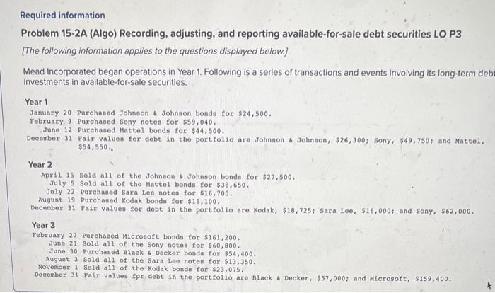 pleaee help Required information Problem 15-2A (Algo) Recording, adjusting, and reporting available-for-sale