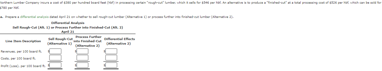  $780 per hbf. a. Prepare a differential analysis dated April 21