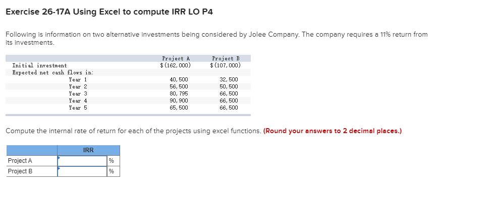 Exercise 26-17A Using Excel to compute IRR LO P4 Following is