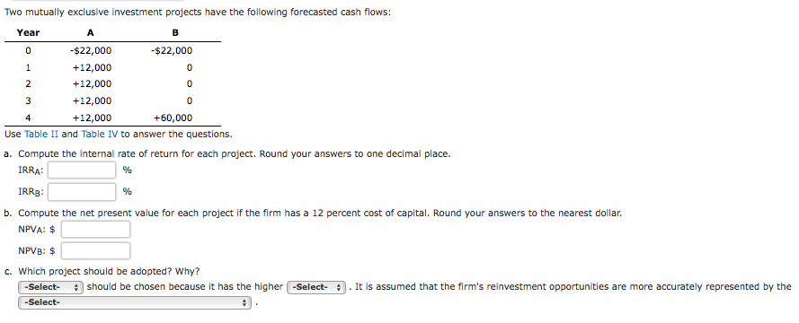 Year A 0 1 0 2 0 Two mutually exclusive investment