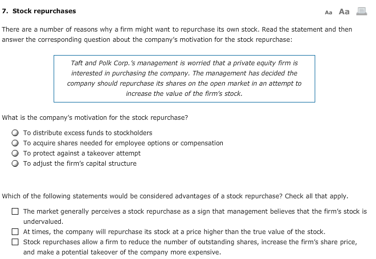 7. Stock repurchases Aa Aa E There are a number of
