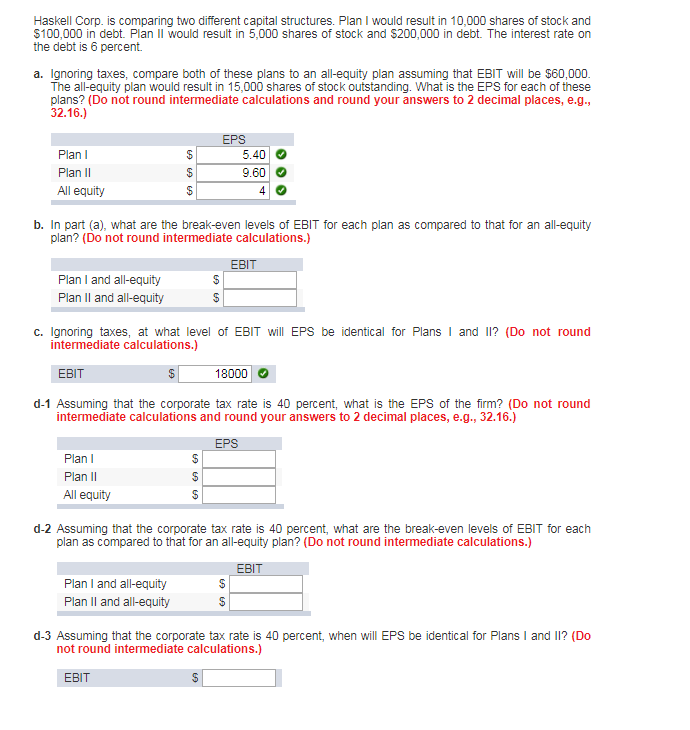  Haskell Corp. is comparing two different capital structures. Plan I would